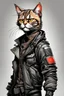 Placeholder: create a wild caricature of a grizzled streetwise cyberpunk female mercenary cat highly detailed with refined feline features in the cartoon caricature style of Gerald Scarfe , precisely drawn, boldly inked, vividly colored, 4k