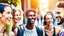 Placeholder: four happy people discussing health and wellness on a street, close up, bokeh