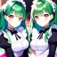 Placeholder: Clear focus, 8k, high quality, detailed, beautiful lighting, girl, vibrant colors, green hair, vibrant pink eyes, twins, maid