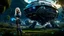 Placeholder: Wide-angle, full body of a woman, with straight blond hair, dressed like a robot, with equipment in her hands, next to a crashed spaceship, on an alien jungle world in the multiverse