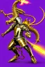 Placeholder: medieval Knight in golden jeweled armor vs dragon, violet color, high detail, sorcery, sparks, mechanical, plasma, treasure, weapons, slithery, legendary