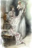 Placeholder: beautiful woman in romantic floral dress is ironing in a luxurious room by Jean-Baptiste Monge, watercolor and ink