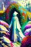 Placeholder: Castle hedge maze with multicolored flowers and hooded figure in white robes rpg art painterly