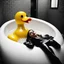 Placeholder: she lies in a long bathtub with a yellow rubber duck. [upper bokeh view art photograph by Helmut Newton] in wet leather jacket, she she let her thoughts guide her actions : the rubber duck bobs and sways in response.