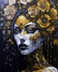 Placeholder: Aquarelle ar yellowt Acrylic pouring liquid art Beautiful vantablack voudore biomechanical watercolour art young faced woman portrait adorned wirh biomechanical bioluminescense vantablack and dark violet and white glitter cover rose headdress and metallic golden filigree floral. Embossed costume armour organic bio spinal ribbed detail. Of rainy gothica background extremely detailed hyperrealistic aquarelle art maximálist concept art