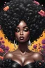 Placeholder: Create an graffiti cartoon art image of a curvy black female wearing a black off the shoulder blouse and she is looking down with Prominent makeup. Highly detailed tightly curly black afro. Background of large black flowers surrounding her