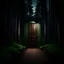 Placeholder: outsite room with wooden door in the middle of a forest at night