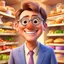 Placeholder: Disney pixar 3D style tan skin middle aged man with short haircut wearing thin round glasses and suit in food background smiling