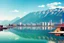 Placeholder: Sunny day, modern city, lake, lake reflections, people, mountains