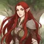 Placeholder: A confident high elven woman adventurer with long brown hair and red eyes, colored manga style, fantasy setting, intricately detailed