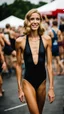 Placeholder: anorexic beautiful woman, age 21, total shot, anthracite triathlon swimsuit, medium long wavy bob haircut, blond hair, blurred party crowd in background