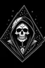 Placeholder: skeleton in a black hooded cloak drawn in a retro kid's cartoon style, inside a light diamond shape on a black background, monochromatic