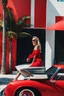 Placeholder: full body fashion style, blonde in red, perfect beauty and harsh aesthetics, Miami Beach, like the style of Rene Gruau,real stic detailed