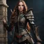 Placeholder: young woman with long brown hair, arrogant red eyes, wearing black leather fantasy armor, detailed, 4k resolution, hd