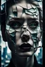 Placeholder: Close-up shot. A cracked pale face deep gaze dark makeup and lips figure through looking a fractured cracked glass pane, revealing glimpses of a surreal hightech cityscape. Hyperrealistic, sharp focus, intricate details, surreal style by Dali, Bosch, Kandinsky, beautifully shot. High contrast, cinematic, dark gloomy, atmospheric, moody. 64 megapixels, perfect compositi