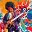 Placeholder: a realistic portrait of Jimi Hendrix at a turntable with headphones on being a DJ, vivid color, with sunglasses