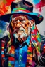 Placeholder: captivating conceptual painting of the iconic rock star, Willie Nelson, rendered in a vibrant and abstract art style. The background is a swirling, chaotic mix of artistic strokes that evoke a sense of rebellion and energy. The overall composition is a celebration of creativity, movement, and the essence of rock 'n' roll., vibrant, painting, conceptual art