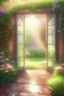 Placeholder: An open door to a beautiful summer garden, ,complex, amazing, magical gentle, sparkling dew drops, dawn, magically, in pastel transparent tones, hyperrealistic, beautiful, lumen, professional photo, 3d, 64k, high resolution, hyperdetalization, hyperrealism, f16,1/300s, highly detailed digital painting, bright, juicy, photorealistic painting, solar illumination in the background, bright lighting, aesthetically pleasing, beautiful, clarity of contours