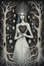 Placeholder: A painting depicting a surreal ghostly woman with ghostly white skin in Tim Burton style, high details, surrounded by various strange mystic trees. Her eyes are close open, and her is long messy dark hair. she holding a black heart, adding a unique surreal and sinister style to the artwork, etheral, weird plants, otherworldly, dark mood