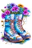 Placeholder: old hiking boots as planters, whimsical mouse looking boots as home, boots filled with colorful flowers, cloyingly sweet and poignant, shabby chic, in the style of Jean-Baptiste Monge, James Gurney, pre-Raphaleite vibe. extremely detailed intricate vibrant very attractive beautiful dynamic lighting high definition crisp quality very cute watercolor sparkling coherent graceful Delicate soft pastel colors, sky blue background. in the style of Leonid Afremov. Masterpiece.