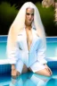 Placeholder: pretty woman, 25 years old, white long haired, nice body, big bubs, pretty legs and feets, wearing a white coverall, pool background.