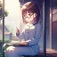 Placeholder: anime girl sitting on a porch swing of an old house, journaling, wearing pajamas,sitting next to a cup of coffee, writing in a book, shes watching it rain, more detail on hands and her face,shes deep in her thoughts, wearing glasses, rain drops