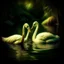 Placeholder: two swans in a romantic lake, dark green and warm yellow color, fantasy atmosphere