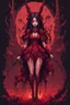 Placeholder: Demon girl wizard in front, fullbody, behind blood guts rising from the ground, horror, nightmare, galaxy, darkred tones, 8bits, pixel art,