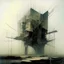 Placeholder: Contemporary abstract painting of Lebbeus Woods brutalist architecture in a wasteland techno decaying landscape. Hazy foggy sky. Concrete ground. Exposed twisted concrete and wires. Style Justin Mortimer and JMW Turner.