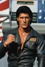 Placeholder: 20-year-old, extremely muscular, short, curly, buzz-cut, military-style haircut, pitch black hair, Paul Stanley/Elvis Presley/Keanu Reeves/Pierce Brosnan/Jon Bernthal/Sean Bean/Dolph Lundgren/Patrick Swayze/ hybrid, as the extremely muscular Superhero "SUPERSONIC" in an original patriotic red, white and blue, "Supersonic" suit with an America Flag Cape,