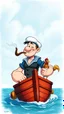 Placeholder: Popeye the sailor the cartoon character with huge muscles smoking his pipe, petting his chicken on his awesome boat, 3d, airbrush with pen outline
