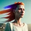 Placeholder: A beautiful portrait of a cyberpunk woman with lot's of grain on her skin red head with hair flying in the wind cyborg smiling facing camera orange color scheme, high key lighting, volumetric light high details with white stripes and feathers unreal 5, octane render, cinema4d, dynamic lighting, dramatic lighting, 4k, redshift render, highly detailed, hyper realistic