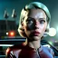 Placeholder: Ultra Realistic retro sci-fi movie burst Supermarket parking scene, 1960 year, waist up view portrait, blonde woman, sweet scarlet Johansson face, perfect iris, glow eyes, face makeup, tight latex coat; many panic people looking, Retro sci-fi style, soft color, highly detailed, unreal engine 5, ray tracing, RTX, lumen lighting, ultra detail, volumetric lighting, 3d, finely drawn, high definition, high resolution.