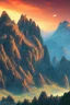 Placeholder: big rock mountains with and orange dawn sky with no clouds close montains anime style