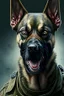 Placeholder: A soldier dog dressed in military combat uniform, digital illustration portrait, dog's face is snarling, aggressive, angry, Craig Miller , futuristic, pulp fiction graphic novel style, hyperrealism, photorealism