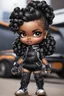 Placeholder: create an airbrush illustration of a chibi cartoon voluptuous black female wearing a black and silver outfit with timberland boots. Prominent make up with hazel eyes. Extremely highly detailed of a long wavy ombre bantu knots. Background of a bike show