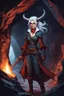 Placeholder: A Dnd Tiefling with a long tail and small horns in a dark cave. A female archeologist with white hair, wearing glasses, in adventurer's clothes. Cunning, beautiful, cool.