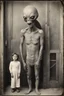 Placeholder: 1900's black and white vintage photo, interior teeth warehouse, grey alien human hybrid creature with a family that is sad, captured on square format film, grainy, aged