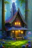 Placeholder: mystical forest, wooden cabin, fine detail, high quality, Neo-Impressionism, mystical, purple blue yellow silver teal black olive azurek, red, pink, brown, sharp focus,