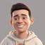 Placeholder: a portrait of smiling young western man. caricature. black hair. short buzz cut hair style. light skin. dark eye pupils. small eyes. round face shape. a bit small goatee, without moustache. white sweatshirt. pixar style. 3D. 4k. portrait. highly detailed. sharp focus. high resolution. full color. cinema lighting