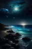 Placeholder: magic sea, realistic, professional photo, 4k, top view, , surf night, full moon, stars in the sky, Milky Way