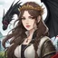 Placeholder: Icon or avatar. An arrogant looking young woman with pale skin and long brown hair in an outdoor fantasy setting with intricate details with a dragon flying in the background. She is smirking, wearing black and read leather, has red eyes, an air of malevolent power surrounds her. Anime style. High definition.