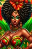 Placeholder: Create a digital airbrush cartoon of a curvy African American female wearing carnival outfit that's red, black and green. Prominent make up with hazel eyes. Highly detailed very long extremely curly black hair. Her skin is smooth and silky. Background of a judge full of colorful flowers