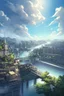 Placeholder: 1girl, animal ear fluff, animal ears, architecture, bangs, bare shoulders, breasts, bridge, building, castle, city, city lights, cityscape, cloud, cloudy sky, green eyes, kal'tsit \(arknights\), looking at viewer, outdoors, river, rooftop, scenery, short hair, silver hair, sky, skyline, skyscraper, solo, sunset, tower, town, water, 16:9, hyper detailing, hdr, anime, detail, ultra detail, dark, dark sky,