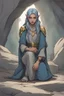 Placeholder: Dnd character on her knees in a cave. A female Elf twilight cleric with black and blue hair and golden eyes, wearing gray robes. Etheral, beautiful, strong.