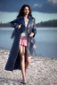 Placeholder: half body shot,realistic portrait of a 20-25 old caucasian model, long blue pink flowing hair, great grey eyes, blue leather jacket,full body, short white skirt,long legs,standing at beach of very nive lake with sunset ,clouds,godrayes