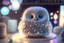 Placeholder: cute chibi plushy fluffy knitted and embroidered natural colored owl with cake in a kitchen, feathers, iridescent flowers incorporated, light emitting, bioluminescent holographic room, silver foil, sparkling diamonds, holographic raw pearls, ethereal, cinematic postprocessing