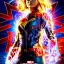 Placeholder: Captain Marvel,flying in the sky, hair on fire, realistic, vibrant colors, Kate beckinsale's face, long hair, gold angel wings, full body, in space, muscular, hyperrealistic