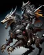 Placeholder: A combination of a dragon and a wolf and a commander riding on it Warrior warrior with leather and metal clothes and robotic metal