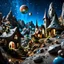 Placeholder: Close-up photograph of a village, naïve, people, houses, rock formations, stars and planets, animals, fungi, crystals, mineral concretions, extreme detail, intricate, volumetric light, colours, Tim Burton, Max Ernst, Yves Tanguy, sparkles, bokeh